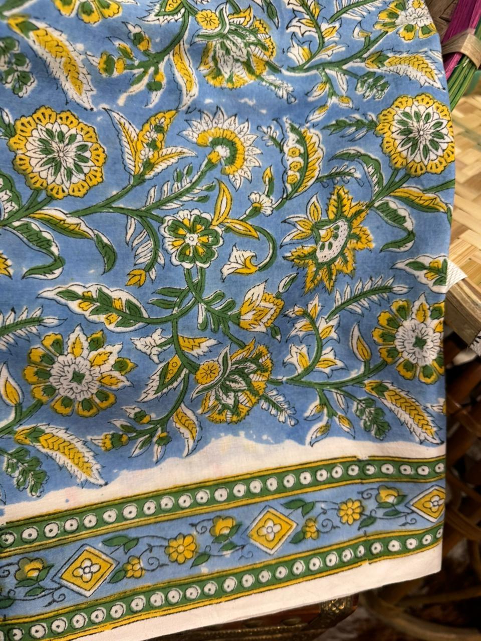 Blue Green Floral Print Cotton Suit With Chiffon Dupatta (OCOTCF001)