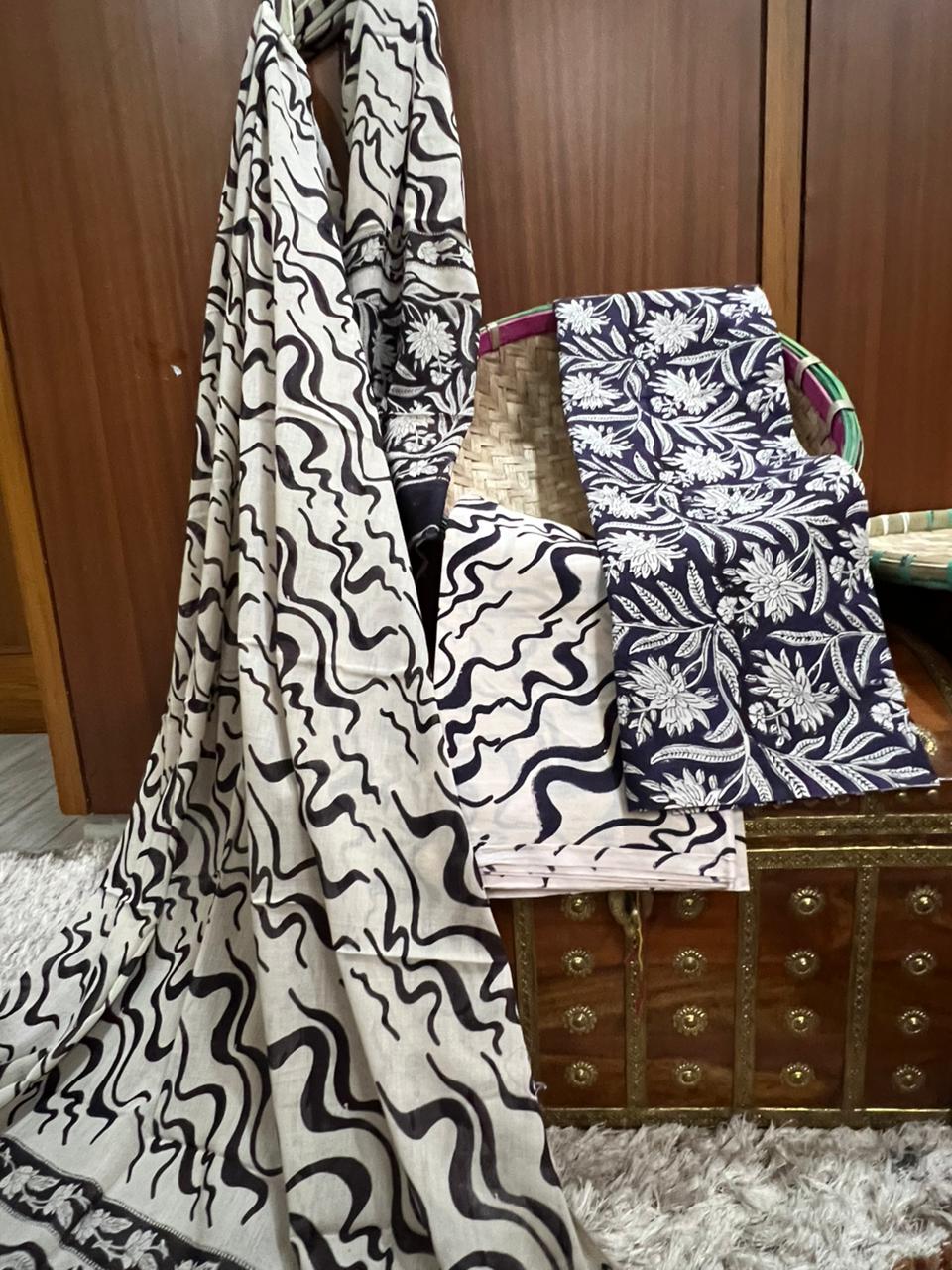 Onyx Bloom Hand Printed Cotton Suit With Cotton Dupatta (OCOTCO0010)