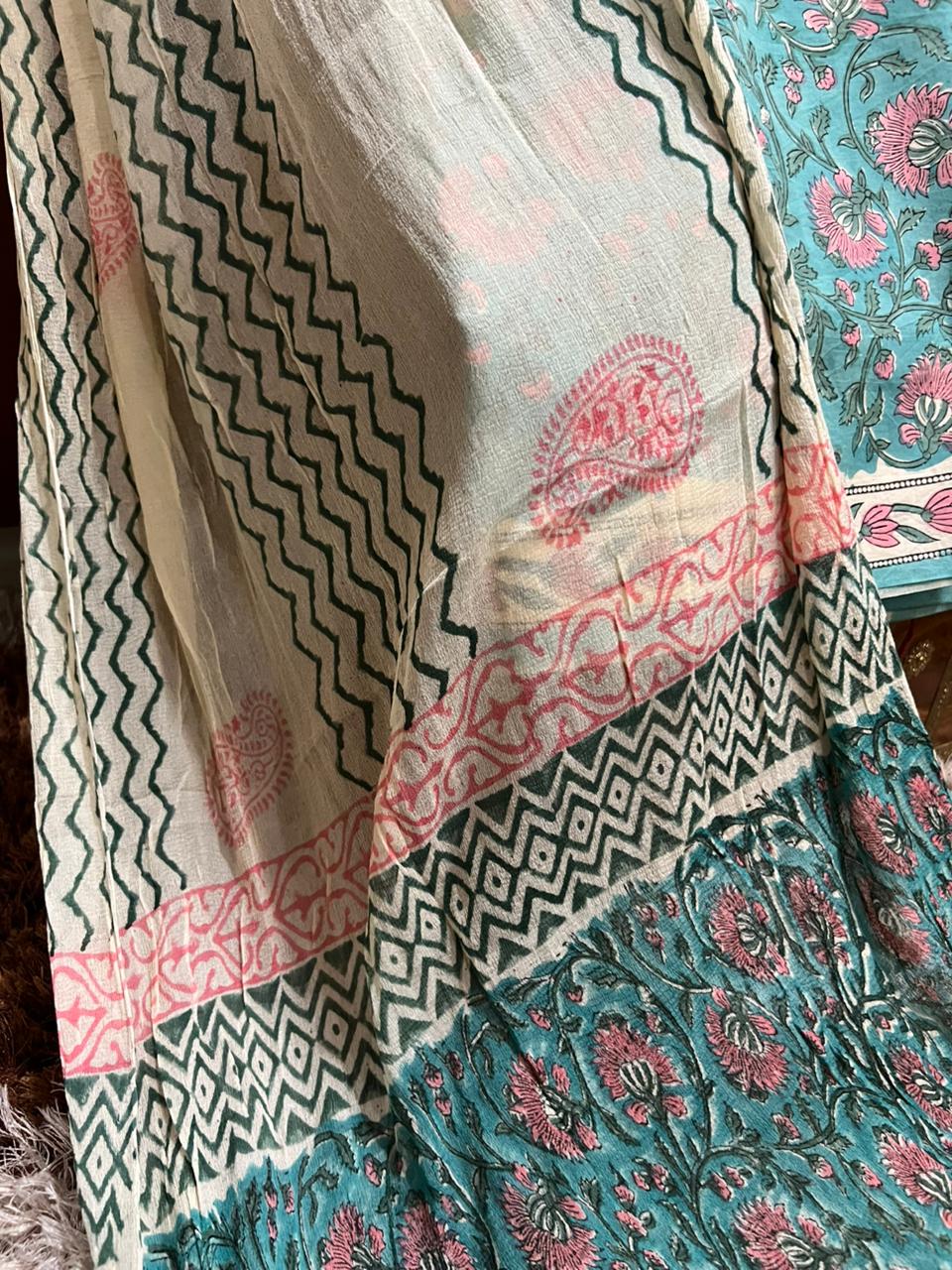 Premium Hand Block Printed Cotton Suit With Chiffon Dupatta (OCOTCH008)