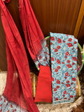 Vibrant Blue & Red Floral Print Cotton Suit With Chiffon Dupatta (OCOTCH005)