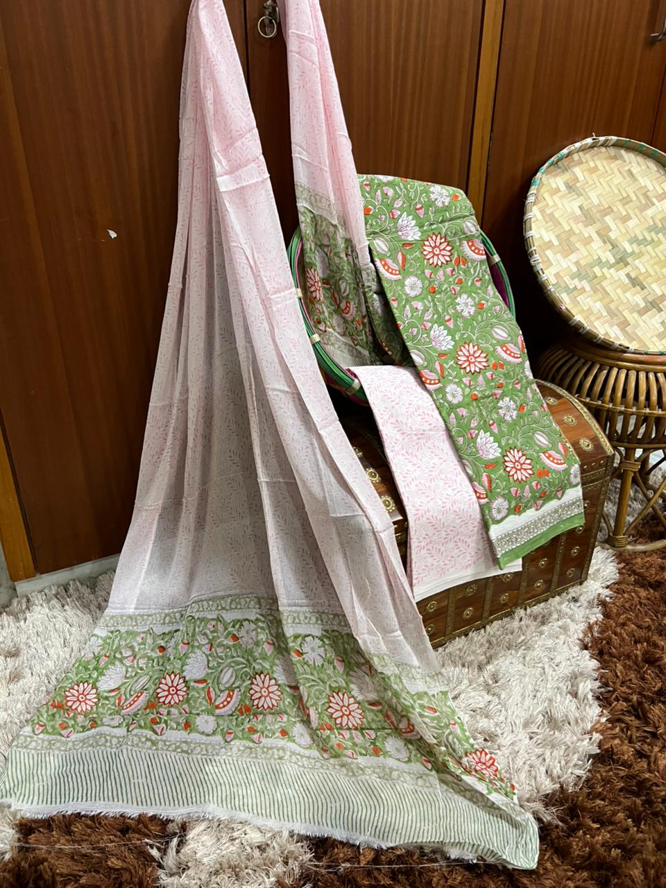 Moss Green Ivy Lane Floral Print Cotton Suit With Chiffon Dupatta (OCOTCH009)