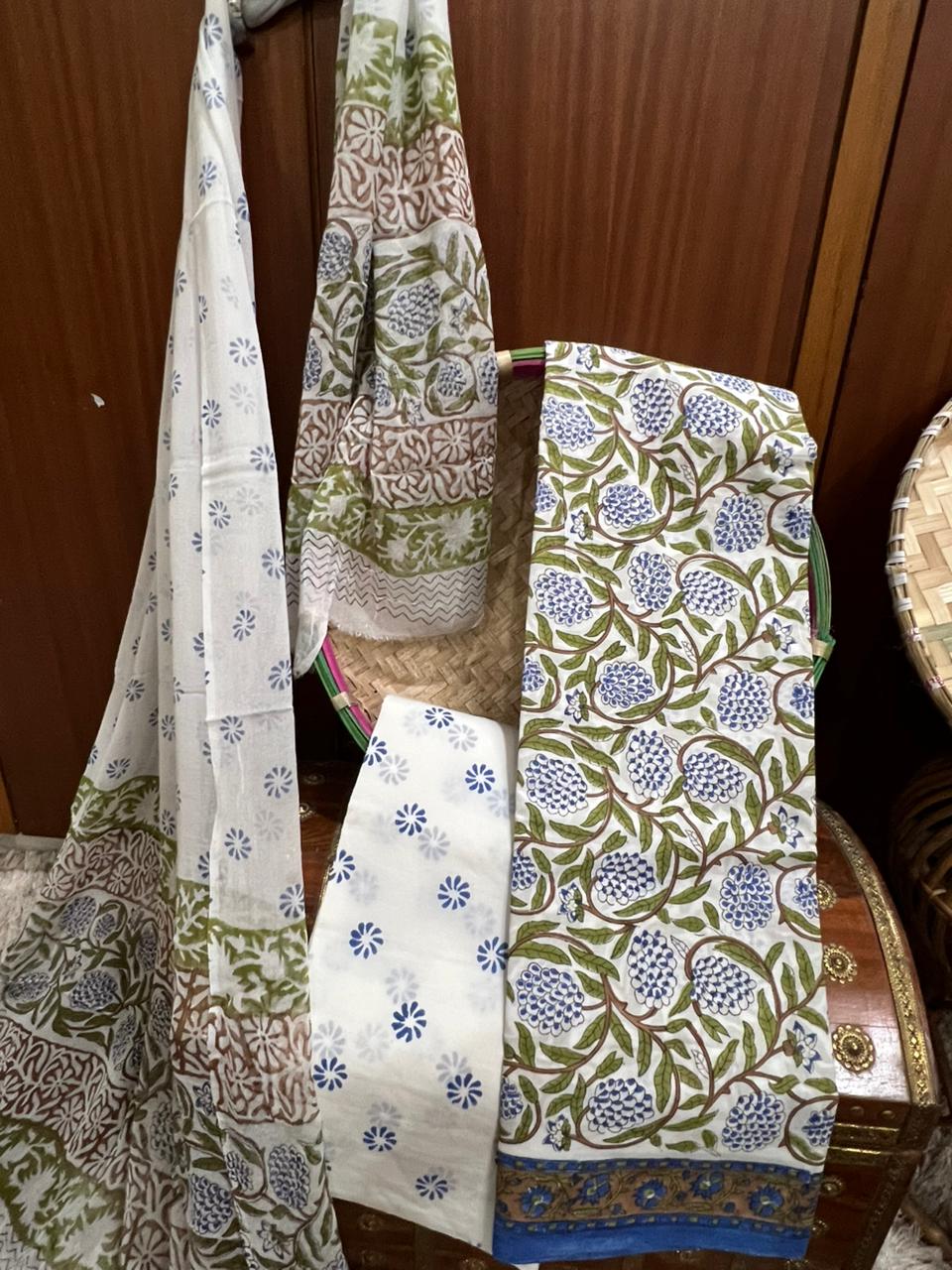 Ivory Bloom & Olive Trails Printed Cotton Suit With Cotton Dupatta (OCOTCO0011)