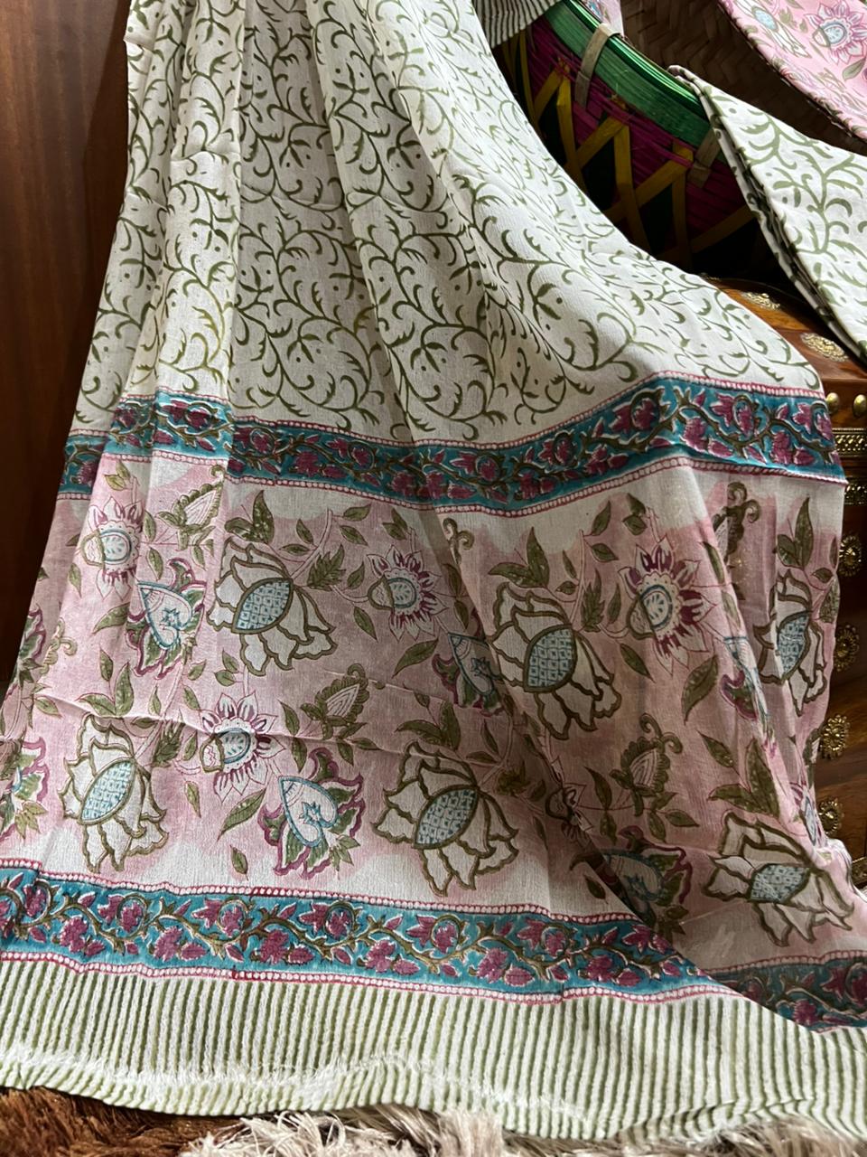 Premium Hand Printed Cotton Suit With Chiffon Dupatta (OCOTCF004)