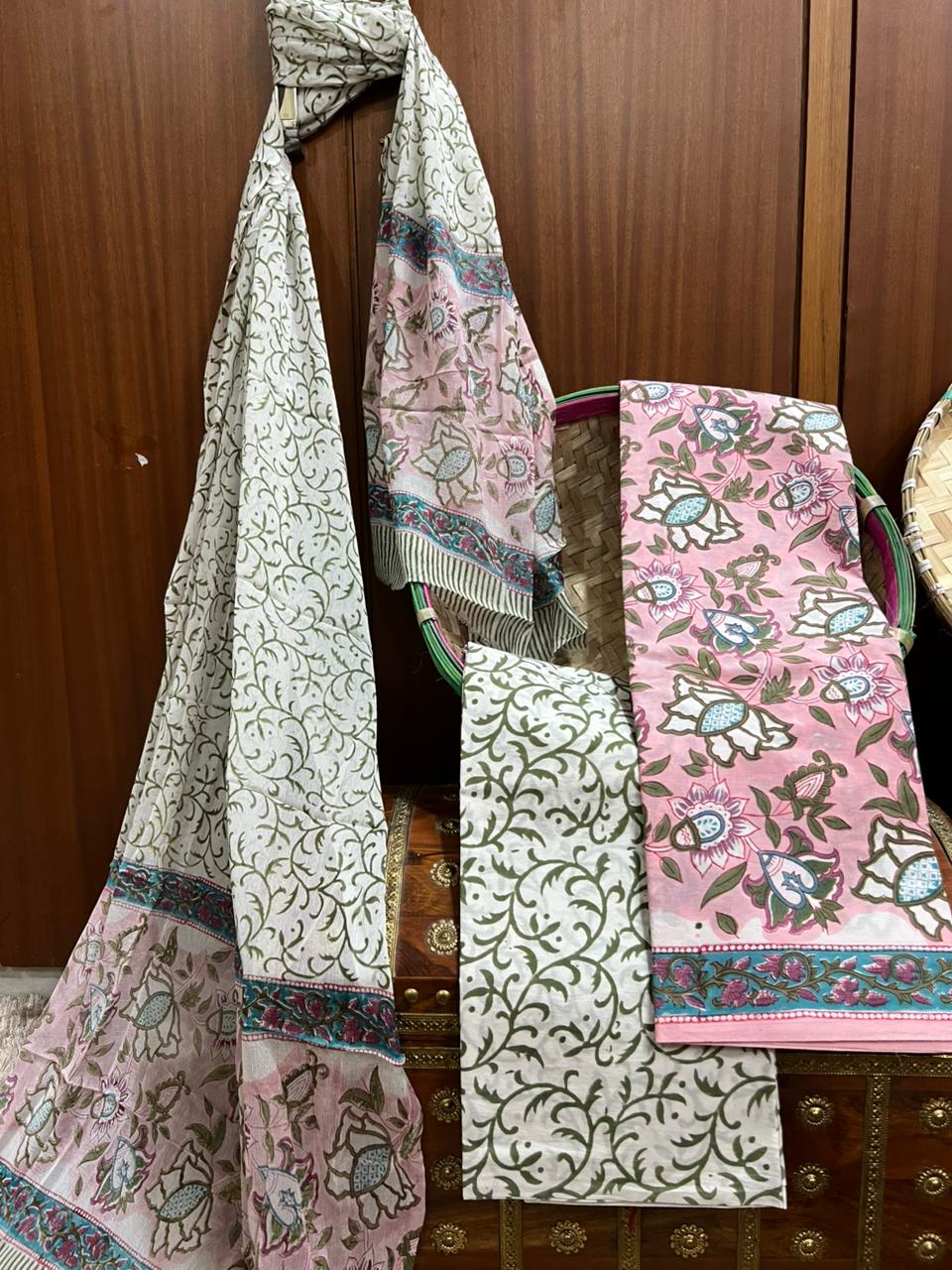 Premium Hand Printed Cotton Suit With Chiffon Dupatta (OCOTCF004)