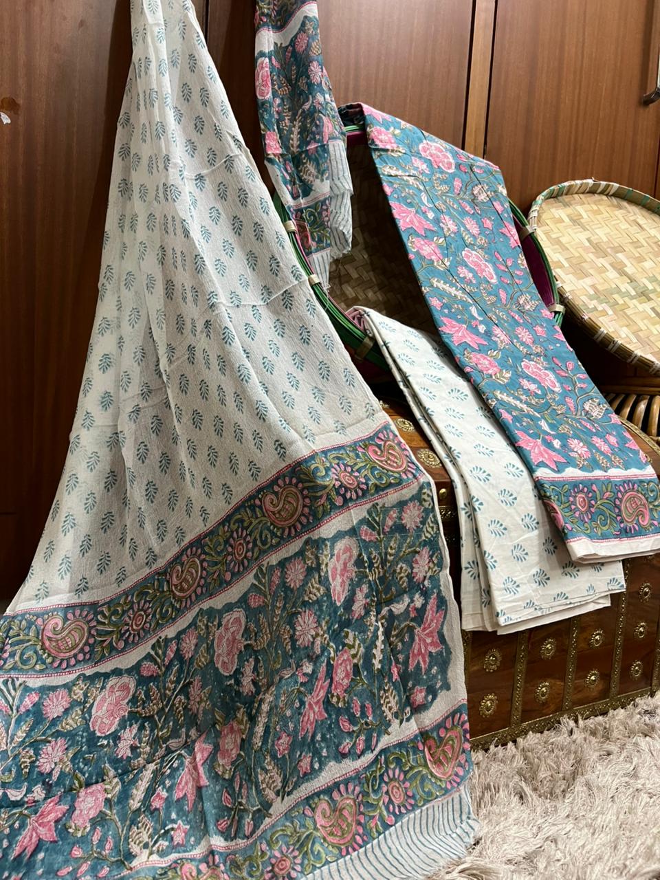 Exclusive Floral Print Cotton Suit With Chiffon Dupatta (OCOTCF003)