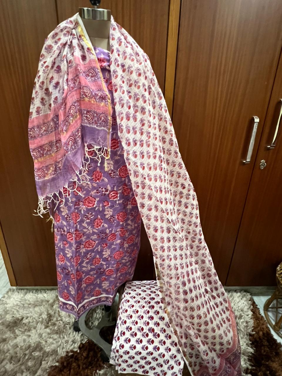 Exclusive Purple Hand Printed Cotton Suit With Kota Doria Dupatta (OCOTKO001)