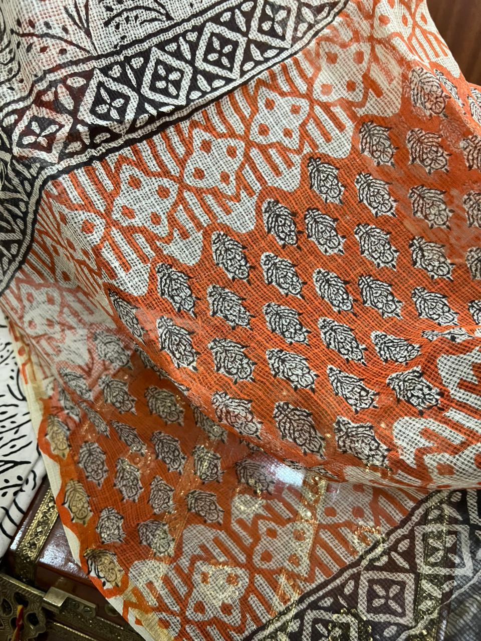 Exclusive Orange Hand Block Printed Cotton Suit With Kota Doria Dupatta (OCOTKO005)