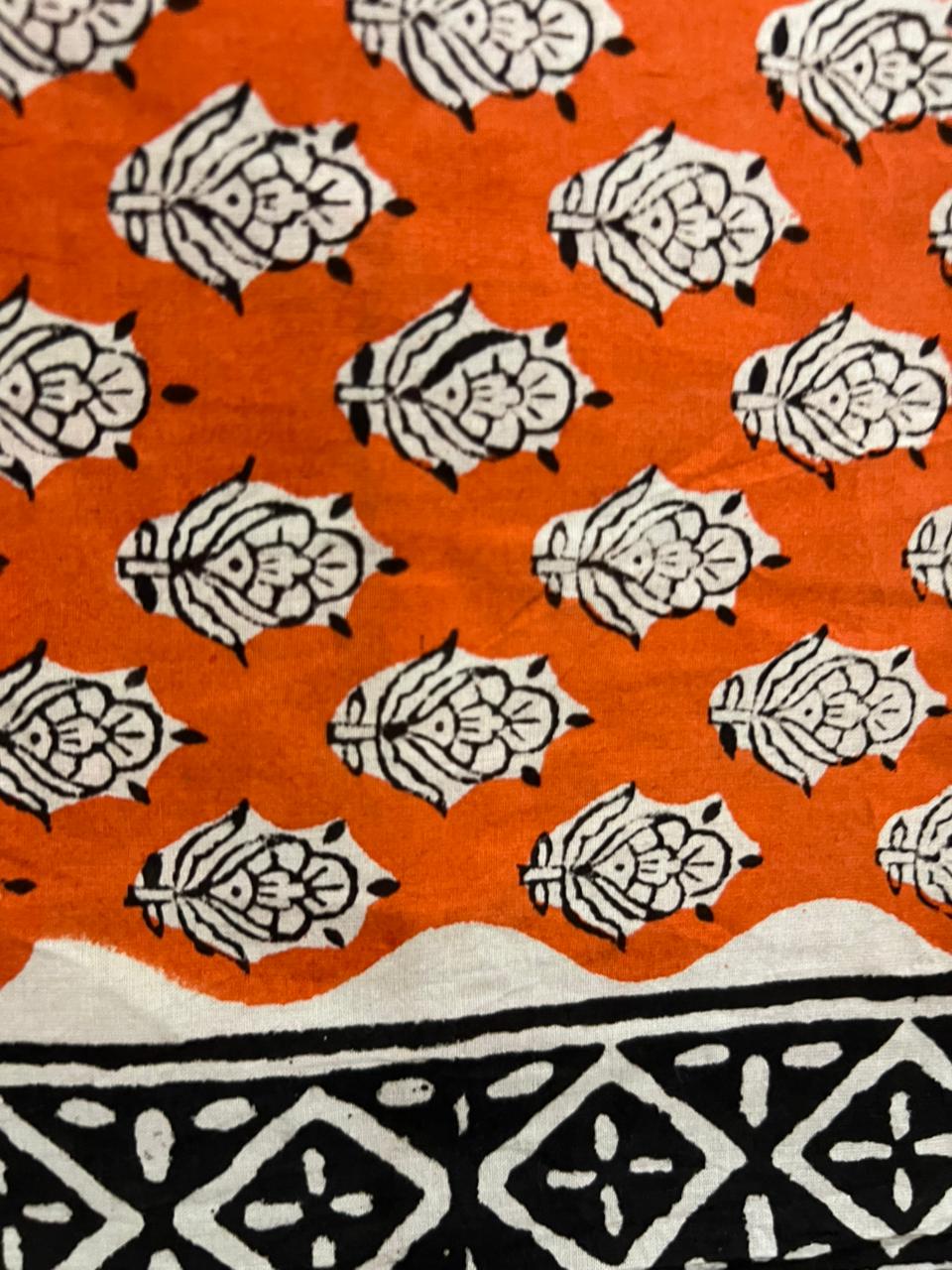 Exclusive Orange Hand Block Printed Cotton Suit With Kota Doria Dupatta (OCOTKO005)