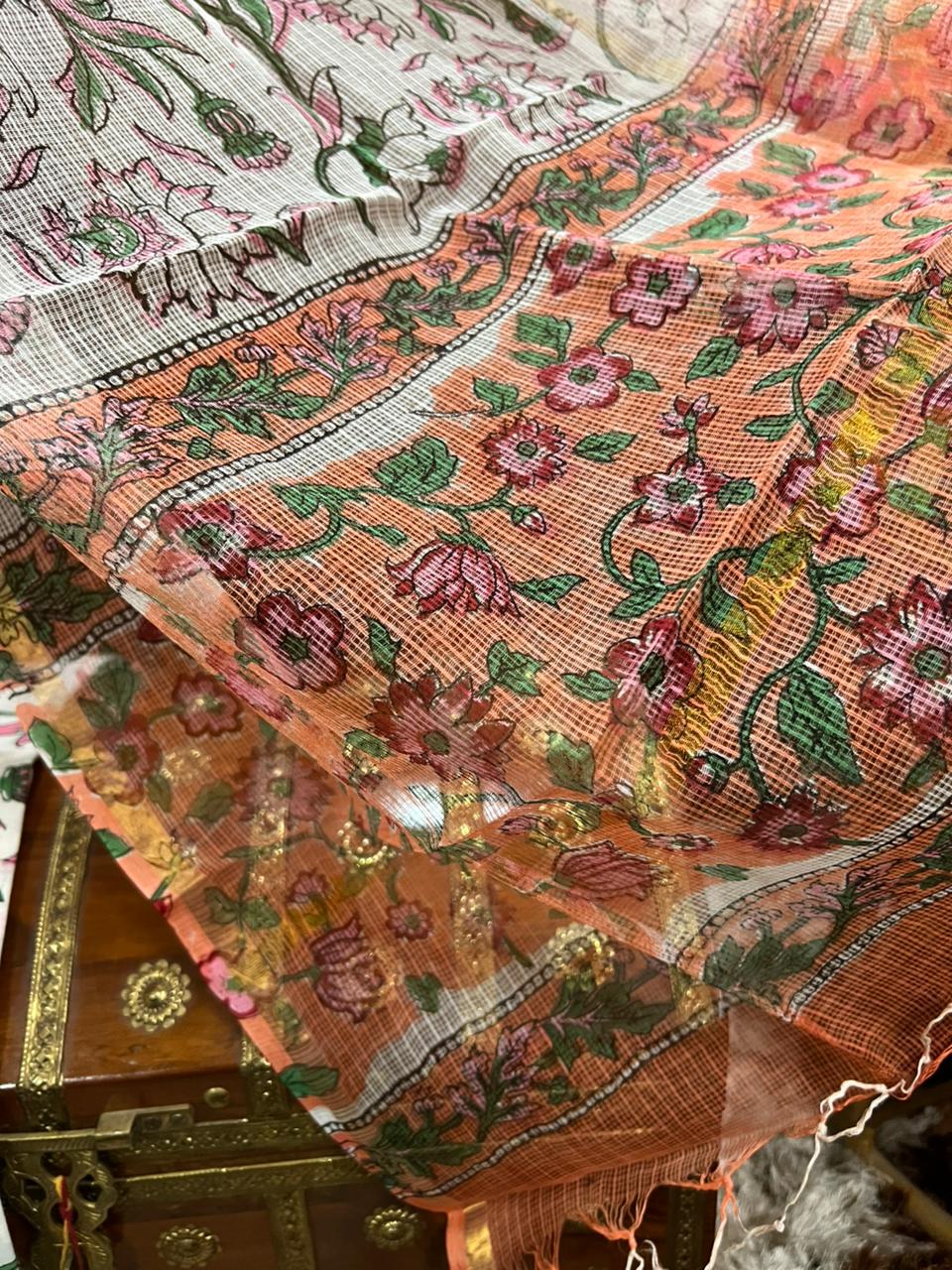 Peach Pink Rose petals Hand Block Printed Cotton Suit With Kota Doria Dupatta (OCOTKO004)