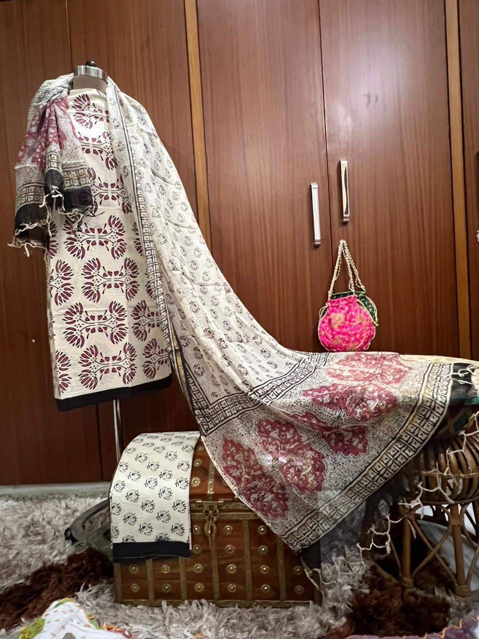 Pink gulmohar Hand Block Printed Cotton Suit With Kota Doria Dupatta (OCOTKO009)