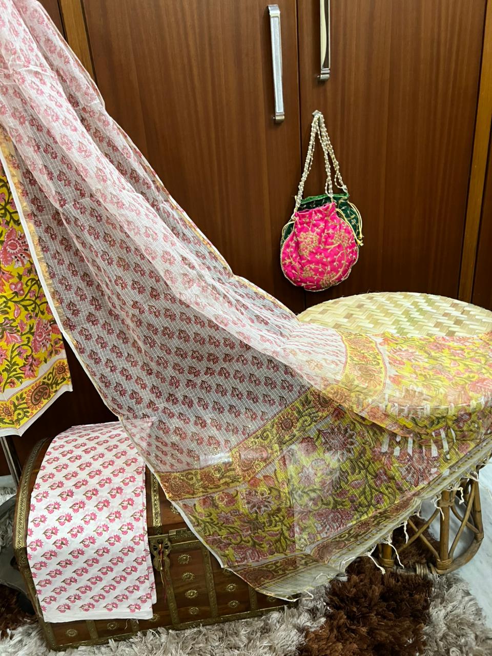 Yellow Pink Petals Floral Print Cotton Suit With Kota Doria Dupatta (OCOTKO003)