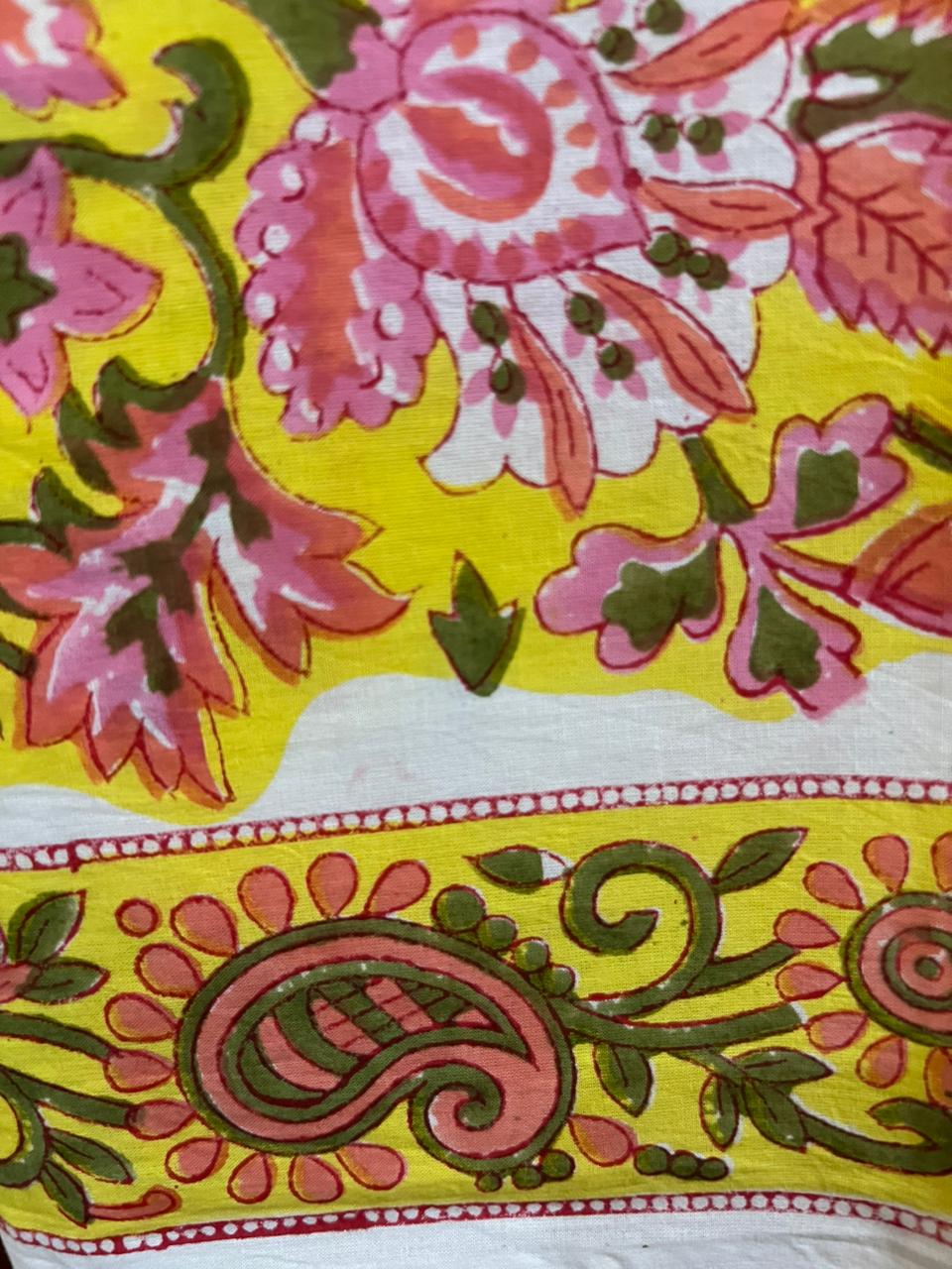 Yellow Pink Petals Floral Print Cotton Suit With Kota Doria Dupatta (OCOTKO003)
