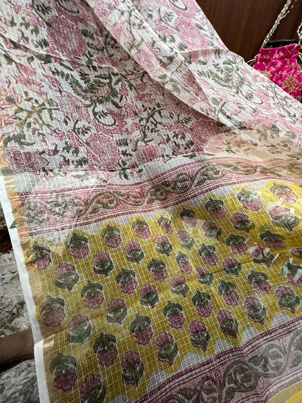 Yellow Pink Floral Print Cotton Suit With Kota Doria Dupatta (OCOTKO008)