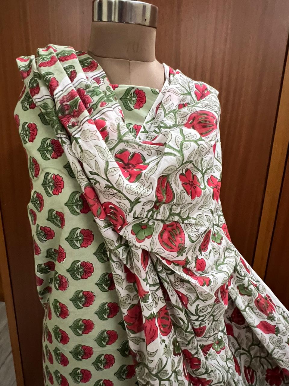 Exclusive Pista Green Bagru Printed Cotton Suit With Cotton Dupatta (OCOTC002)